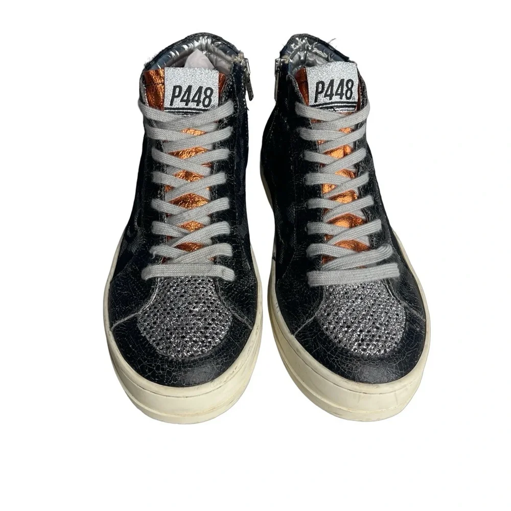 P448 high top sneakers glitter lace metallic Black silver orange  Sz 38 or 7.5/8